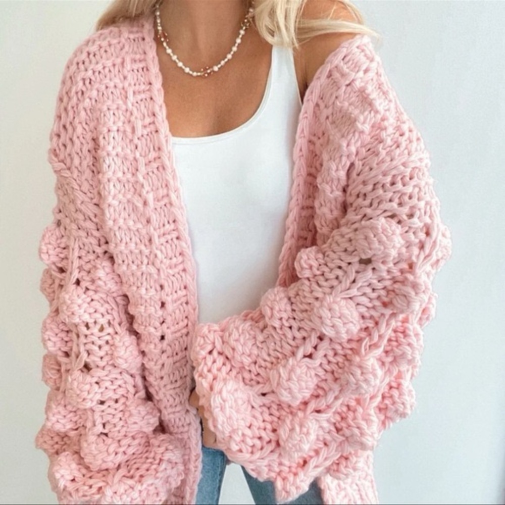 Chicwish Sweater M/L‎ Pink Longline Cardigan Chunky Pom Pom Cuteness On Sleeves